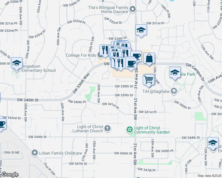 map of restaurants, bars, coffee shops, grocery stores, and more near 2304 Southwest 339th Street in Federal Way