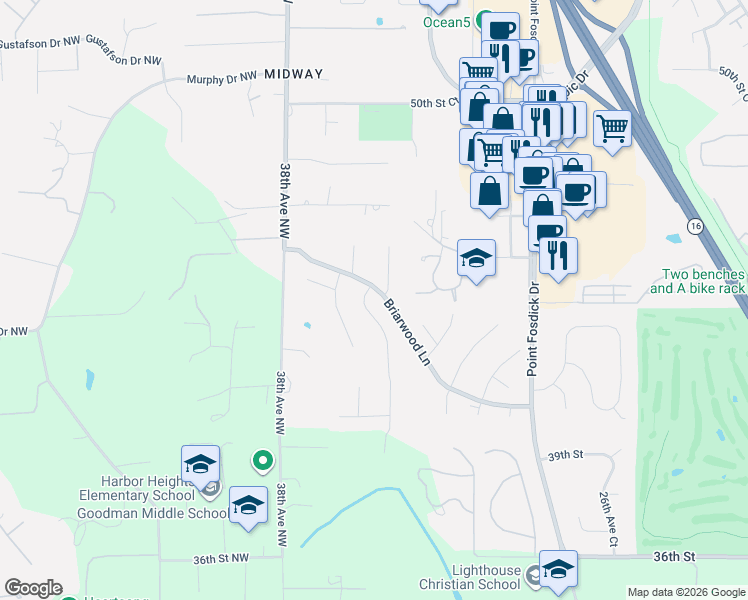 map of restaurants, bars, coffee shops, grocery stores, and more near 4411 35th Avenue in Gig Harbor
