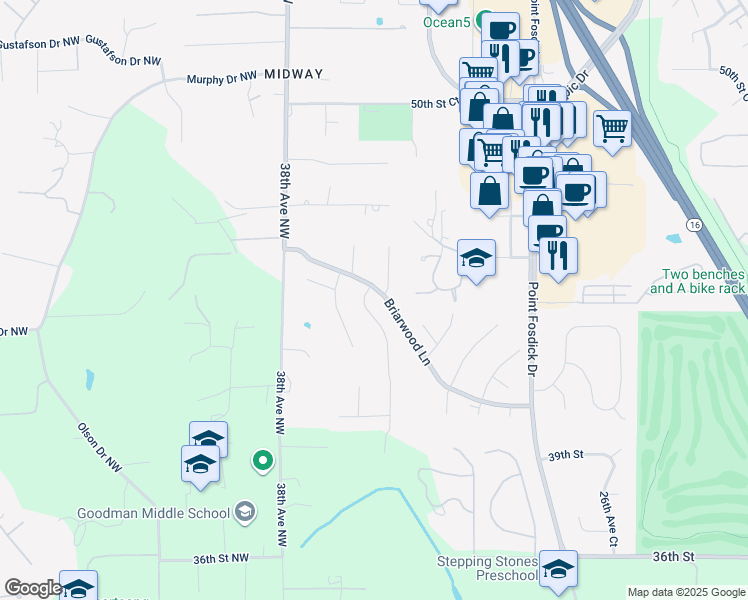 map of restaurants, bars, coffee shops, grocery stores, and more near 4317 35th Avenue in Gig Harbor