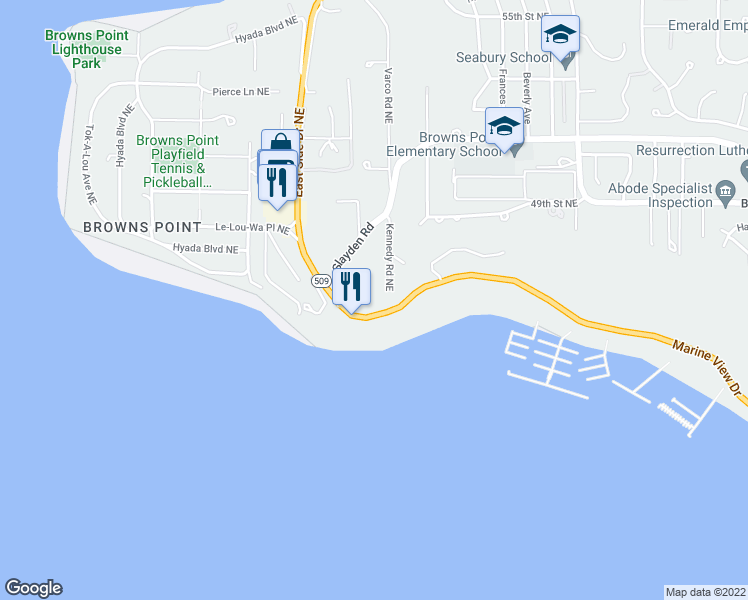 map of restaurants, bars, coffee shops, grocery stores, and more near 4518 Kennedy Road Northeast in Tacoma