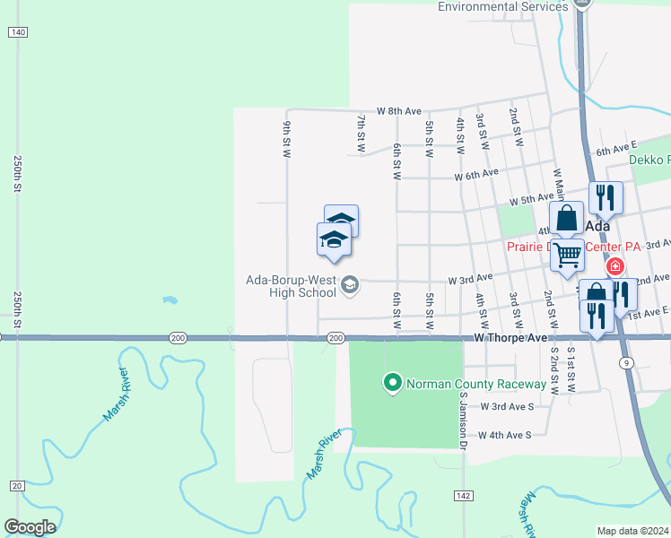 map of restaurants, bars, coffee shops, grocery stores, and more near 604 West Thorpe Avenue in Ada