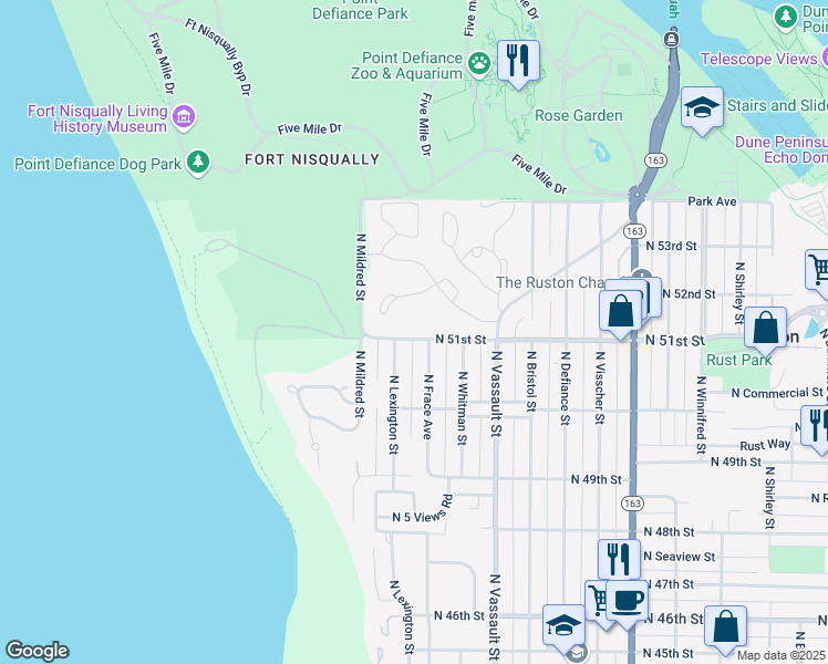 map of restaurants, bars, coffee shops, grocery stores, and more near 6511 North 51st Street in Tacoma