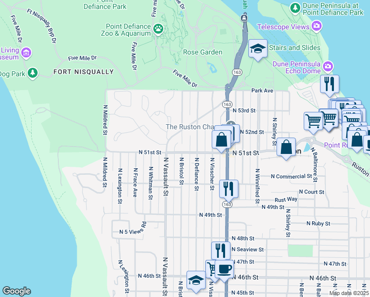 map of restaurants, bars, coffee shops, grocery stores, and more near 5044 North Bristol Street in Tacoma