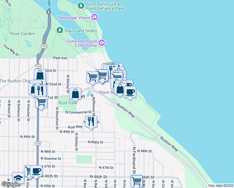 map of restaurants, bars, coffee shops, grocery stores, and more near 5058 Main Street in Tacoma