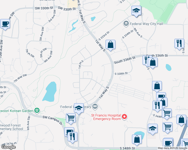 map of restaurants, bars, coffee shops, grocery stores, and more near 123 South 339th Circle in Federal Way