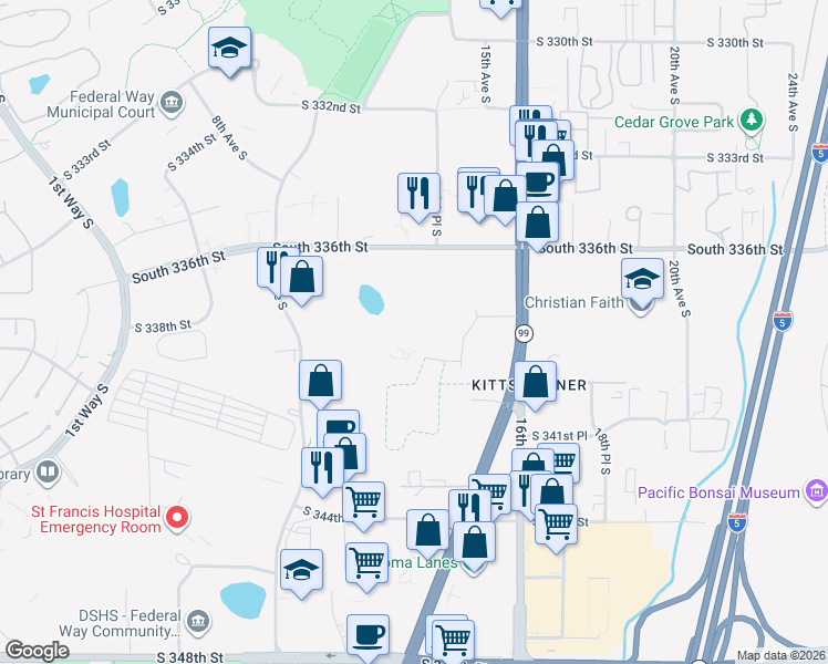 map of restaurants, bars, coffee shops, grocery stores, and more near 1201 South 336th Street in Federal Way