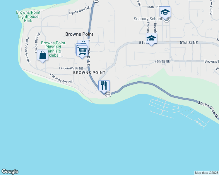 map of restaurants, bars, coffee shops, grocery stores, and more near 4518 Kennedy Road Northeast in Tacoma