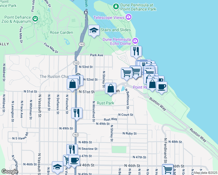 map of restaurants, bars, coffee shops, grocery stores, and more near 5114 North Bennett Street in Ruston
