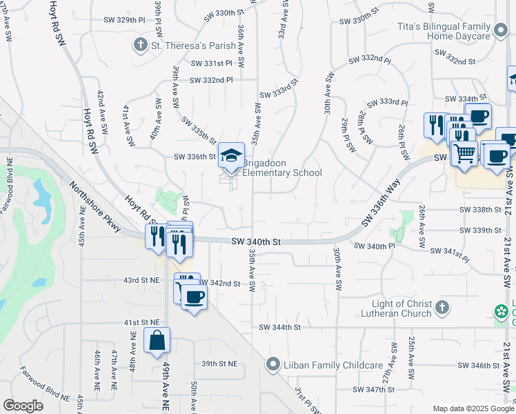 map of restaurants, bars, coffee shops, grocery stores, and more near 33838 35th Avenue Southwest in Federal Way