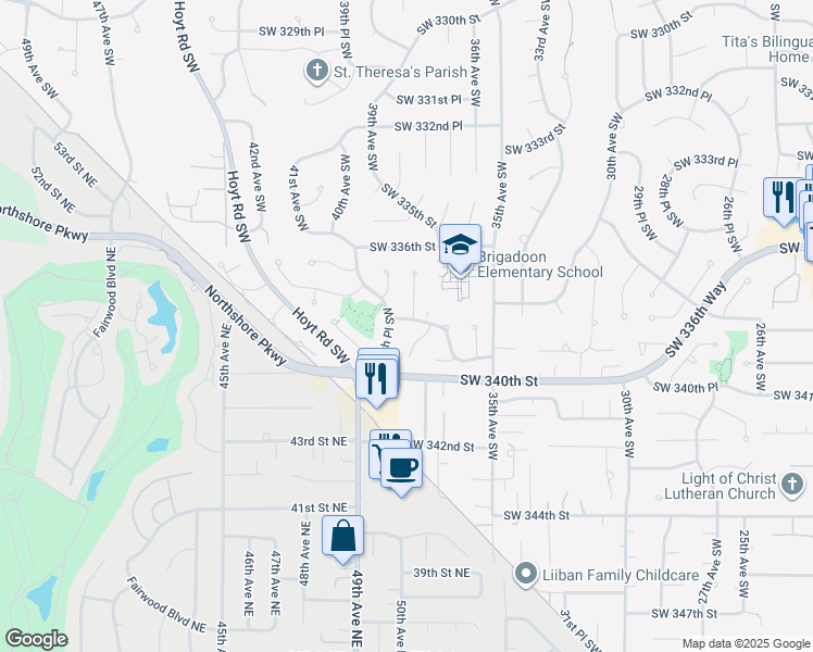 map of restaurants, bars, coffee shops, grocery stores, and more near 3721 Southwest 338th Place in Federal Way