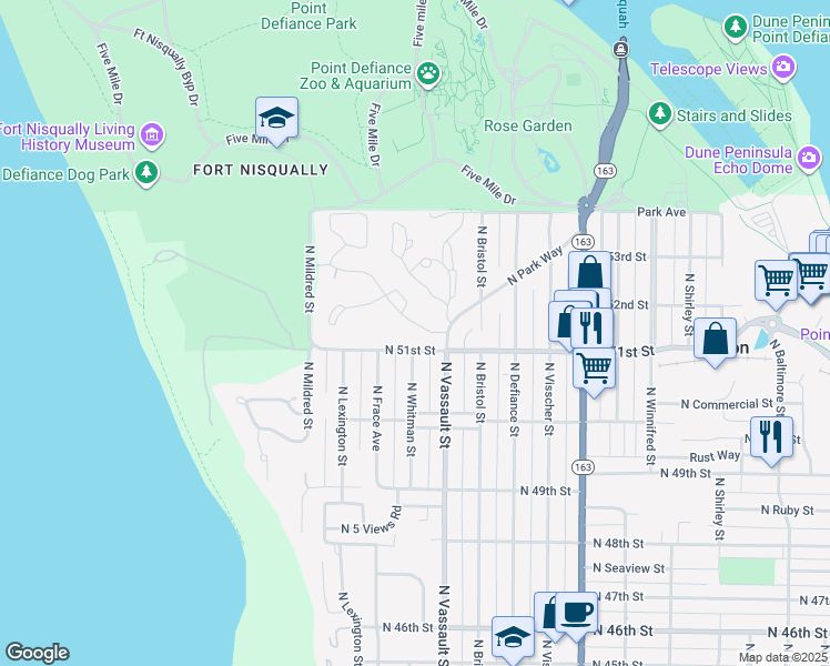 map of restaurants, bars, coffee shops, grocery stores, and more near 6414 North Park Way in Tacoma