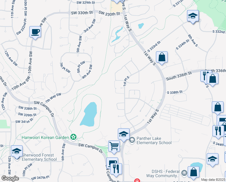 map of restaurants, bars, coffee shops, grocery stores, and more near 33855 1st Way South in Federal Way