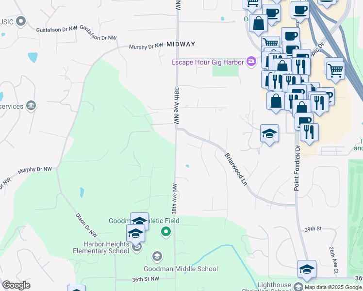 map of restaurants, bars, coffee shops, grocery stores, and more near 3716 44th Street Court Northwest in Gig Harbor
