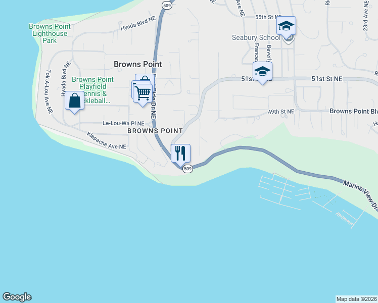map of restaurants, bars, coffee shops, grocery stores, and more near 4528 Kennedy Road Northeast in Tacoma