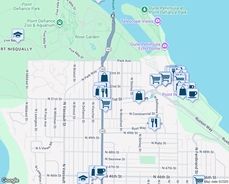 map of restaurants, bars, coffee shops, grocery stores, and more near 5615 North 52nd Street in Ruston