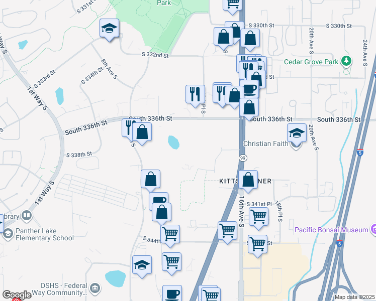 map of restaurants, bars, coffee shops, grocery stores, and more near 33701 Pacific Highway South in Federal Way