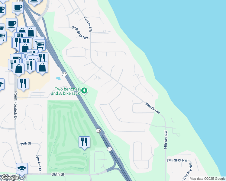 map of restaurants, bars, coffee shops, grocery stores, and more near 1924 45th Street Court Northwest in Gig Harbor