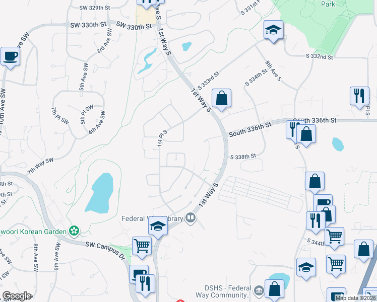 map of restaurants, bars, coffee shops, grocery stores, and more near 121 South 337th Lane in Federal Way