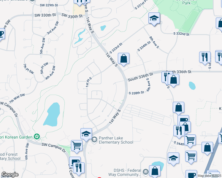 map of restaurants, bars, coffee shops, grocery stores, and more near 145 South 336th Street in Federal Way
