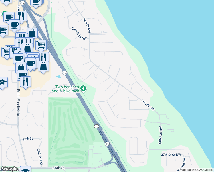 map of restaurants, bars, coffee shops, grocery stores, and more near 1925 45th Street Court Northwest in Gig Harbor