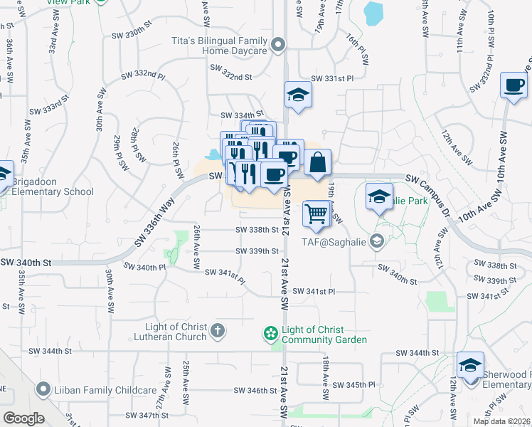 map of restaurants, bars, coffee shops, grocery stores, and more near 2210 Southwest 337 Place in Federal Way