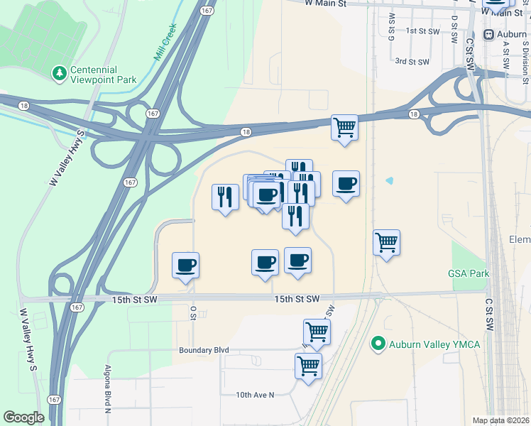 map of restaurants, bars, coffee shops, grocery stores, and more near 1101 Outlet Collection Way in Auburn