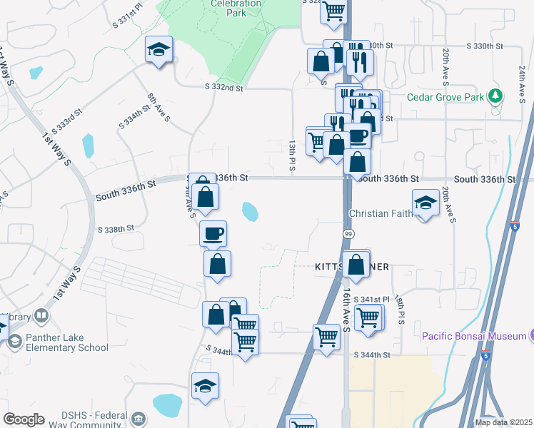 map of restaurants, bars, coffee shops, grocery stores, and more near 33701 Pacific Highway South in Federal Way