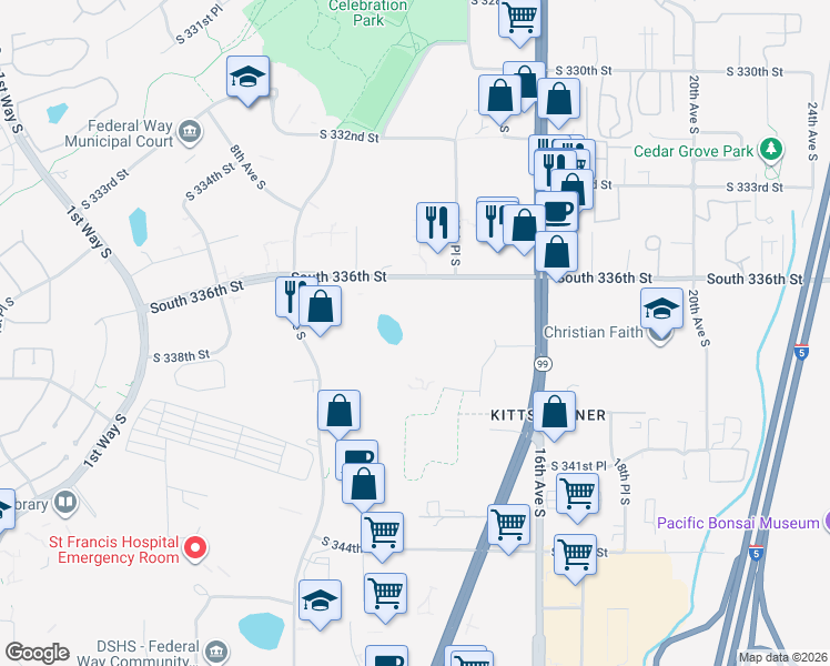 map of restaurants, bars, coffee shops, grocery stores, and more near 33701 Pacific Highway South in Federal Way