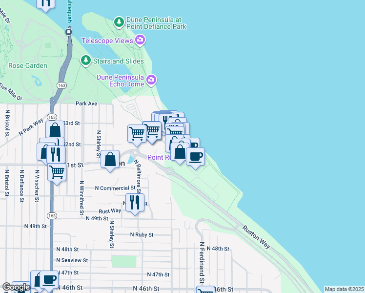 map of restaurants, bars, coffee shops, grocery stores, and more near 5105 Grand Loop in Tacoma