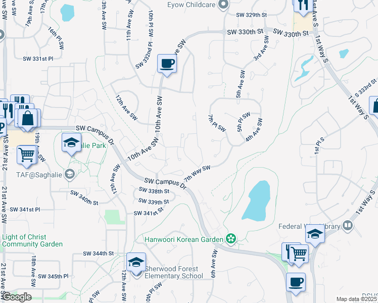 map of restaurants, bars, coffee shops, grocery stores, and more near 952 Southwest Campus Drive in Federal Way