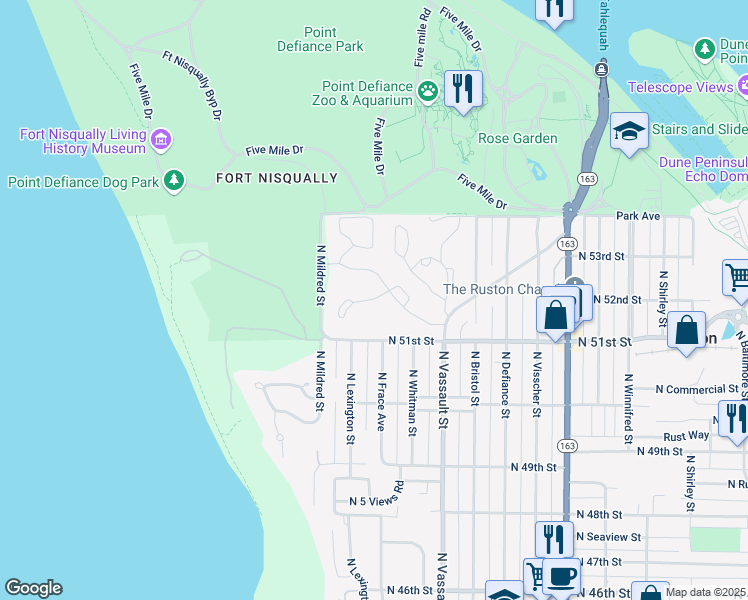 map of restaurants, bars, coffee shops, grocery stores, and more near 6414 North Park Way in Tacoma