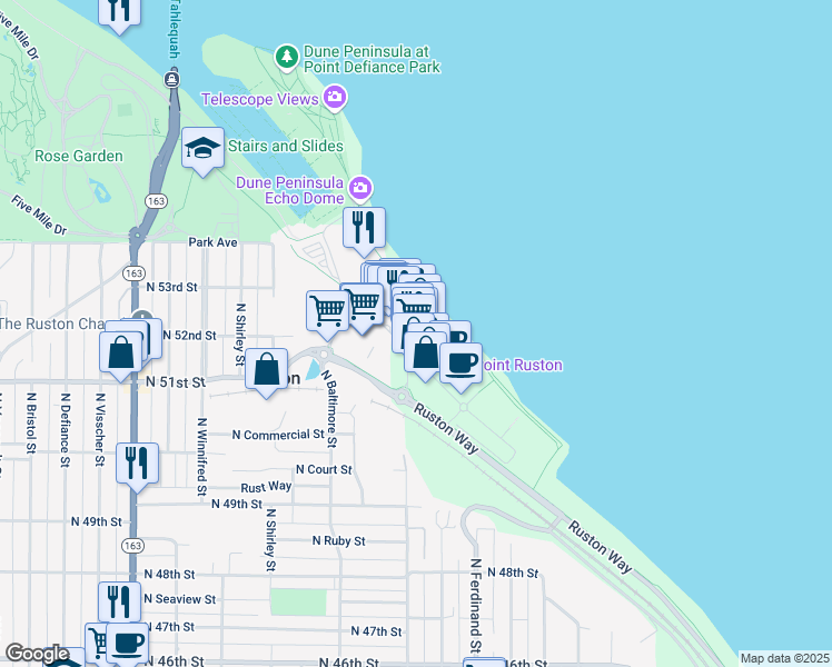 map of restaurants, bars, coffee shops, grocery stores, and more near 5105 Grand Loop in Tacoma