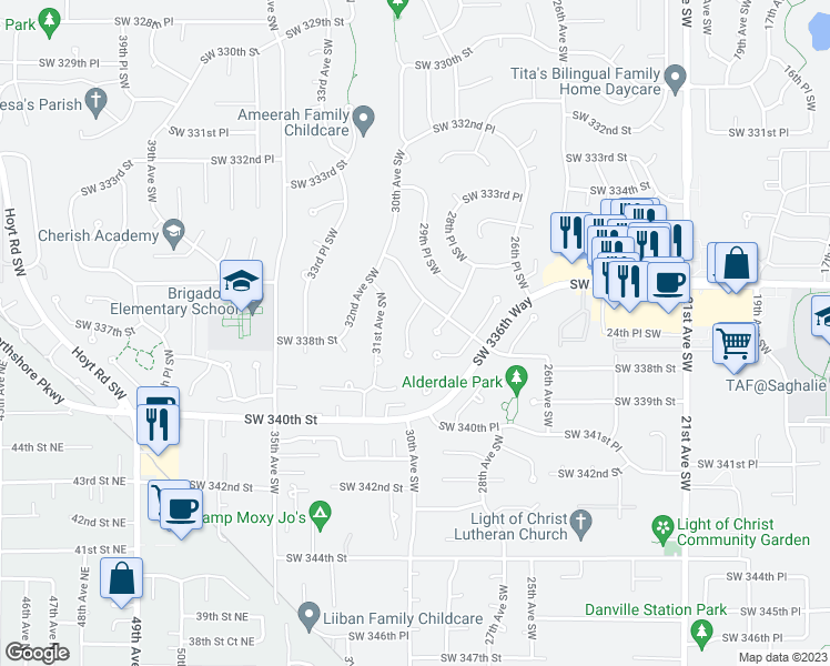 map of restaurants, bars, coffee shops, grocery stores, and more near 33730 29th Court Southwest in Federal Way