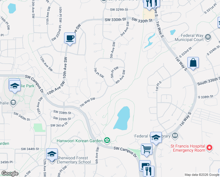 map of restaurants, bars, coffee shops, grocery stores, and more near 33730 7th Way Southwest in Federal Way