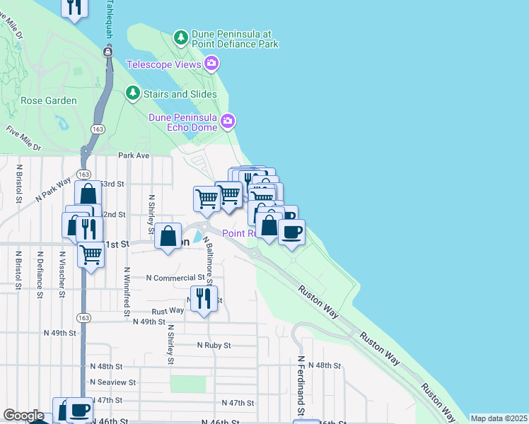 map of restaurants, bars, coffee shops, grocery stores, and more near 5105 Grand Loop in Tacoma