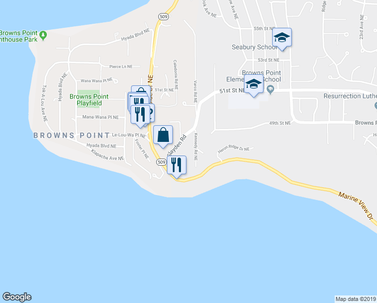 map of restaurants, bars, coffee shops, grocery stores, and more near 4528 Kennedy Road Northeast in Tacoma