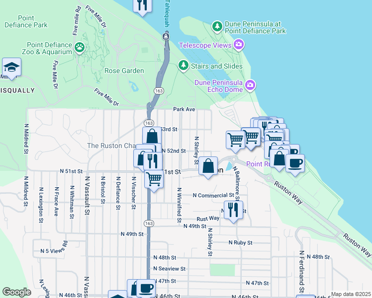 map of restaurants, bars, coffee shops, grocery stores, and more near 5515 North 52nd Street in Ruston