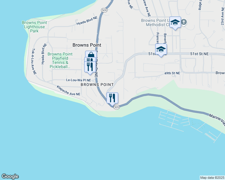 map of restaurants, bars, coffee shops, grocery stores, and more near 4528 Kennedy Road Northeast in Tacoma