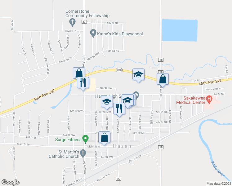 map of restaurants, bars, coffee shops, grocery stores, and more near 701 1st Avenue Northwest in Hazen