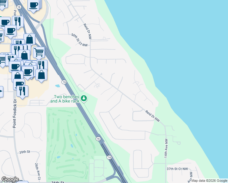 map of restaurants, bars, coffee shops, grocery stores, and more near 1903 45th Street Court Northwest in Gig Harbor