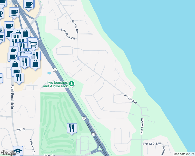 map of restaurants, bars, coffee shops, grocery stores, and more near 1903 45th Street Court Northwest in Gig Harbor