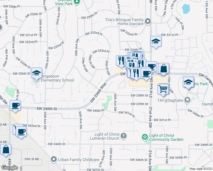 map of restaurants, bars, coffee shops, grocery stores, and more near 33614 26th Court Southwest in Federal Way