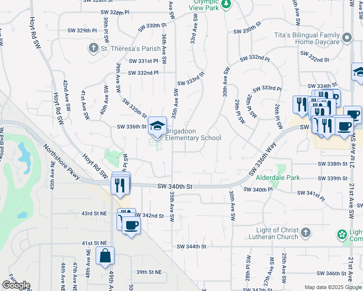 map of restaurants, bars, coffee shops, grocery stores, and more near 33719 33rd Place Southwest in Federal Way