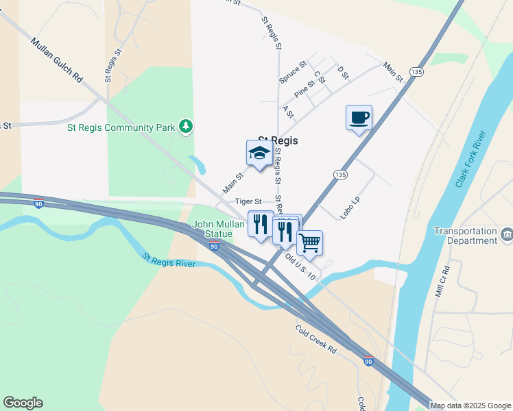 map of restaurants, bars, coffee shops, grocery stores, and more near 81 Tiger Street in Saint Regis