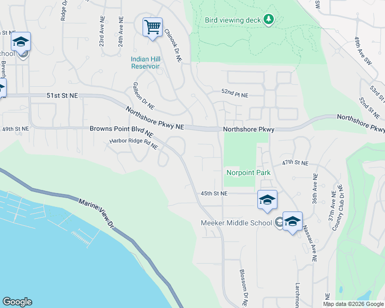 map of restaurants, bars, coffee shops, grocery stores, and more near 2801 47th Street Northeast in Tacoma