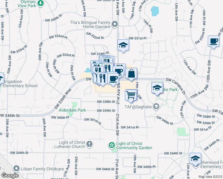 map of restaurants, bars, coffee shops, grocery stores, and more near 2210 Southwest 337th Street in Federal Way