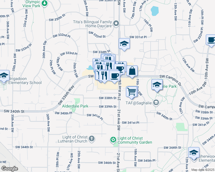 map of restaurants, bars, coffee shops, grocery stores, and more near 2210 Southwest 337th Street in Federal Way