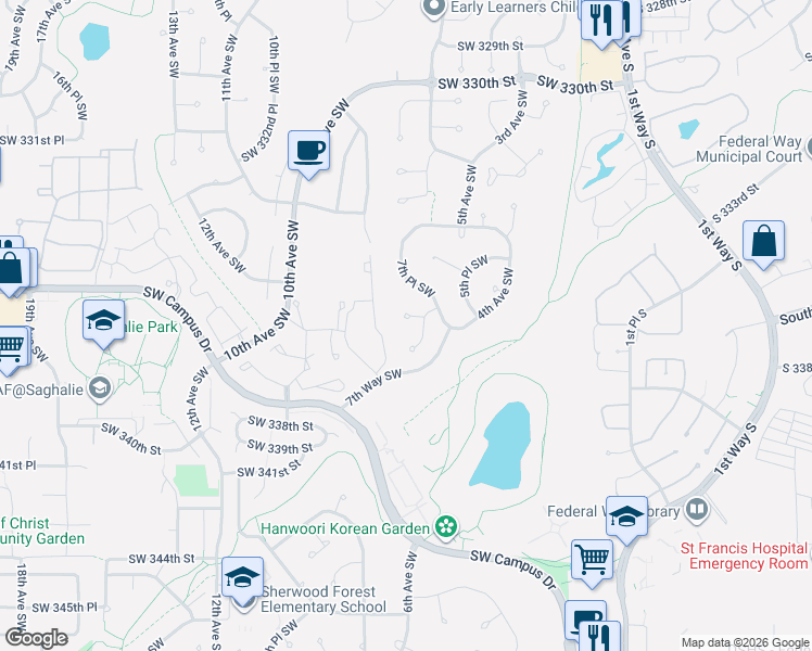 map of restaurants, bars, coffee shops, grocery stores, and more near 750 Southwest 337th Street in Federal Way
