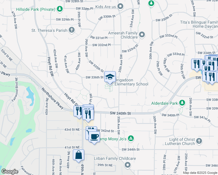 map of restaurants, bars, coffee shops, grocery stores, and more near 3601 Southwest 336th Street in Federal Way