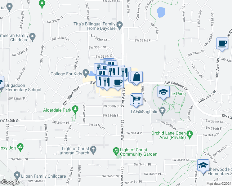 map of restaurants, bars, coffee shops, grocery stores, and more near 2109 Southwest 336th Street in Federal Way